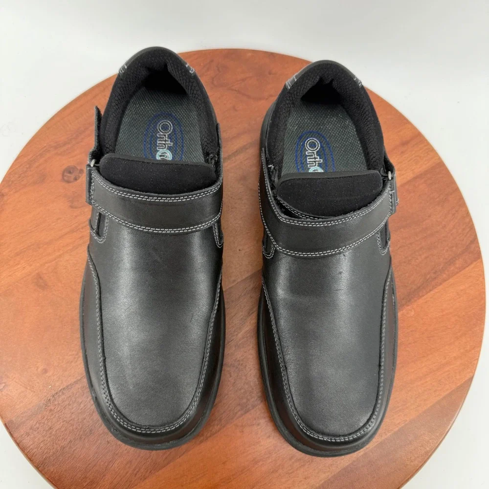 OrthoFeet 511 Mens Black Leather Hook and Loop Strap Walking Shoes 10 2E Wide